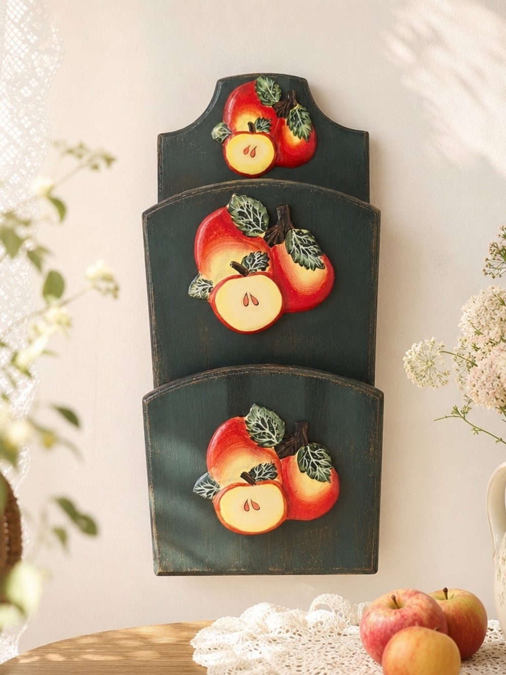 Vintage Apple Wall Organizer  Hand‑Painted Wooden Mail Holder, Farmhouse Kitchen